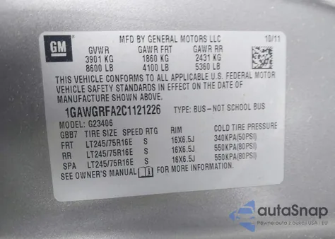 2012 Chevrolet Express 2500 Lt из США, поврежденный, VIN 1GAWGRFA2C1121226